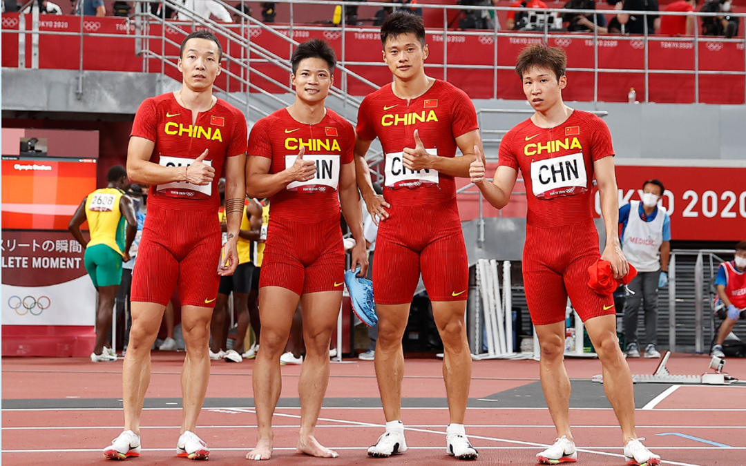 中國男子4×100米接力隊東京奧運會主力隊員吳智強、蘇炳添、謝震業、湯星強（從左至右）均入圍世錦賽名單。