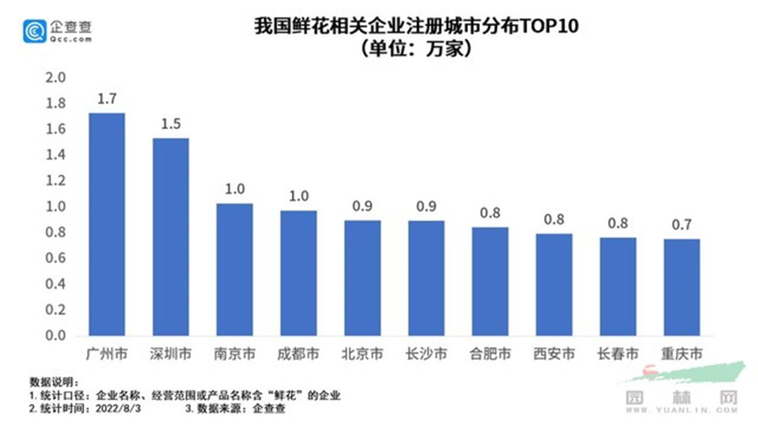 我國鮮花相關企業注冊城市分布top10