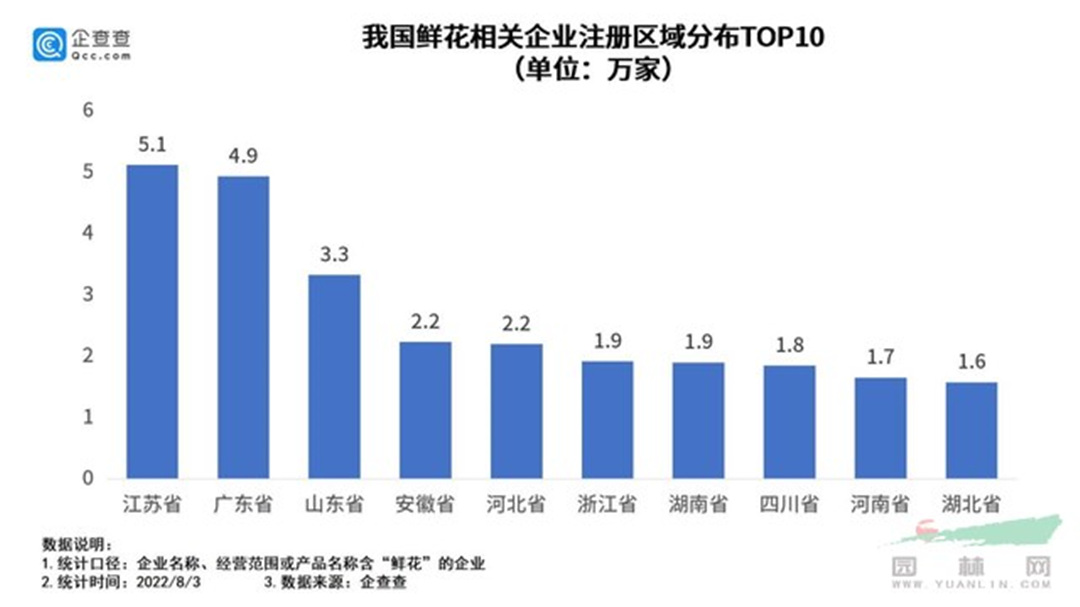 我國鮮花相關企業注冊區域分布top10